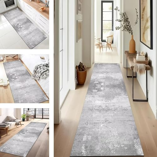SUCERU Teppich Läufer für Küche Flur Wohnraum Küchenläufer rutschfest mit Gelrücken 80X300CM Grau Weiß Polyester Dauerhaft Waschbar Teppichläufer Teppich Läufer für Waschküche Eingang Wohnzimmer