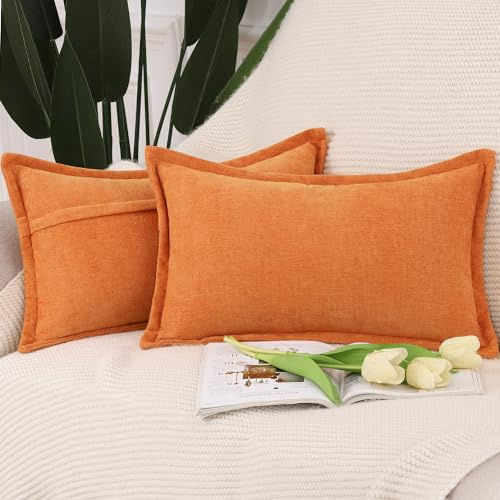 Madizz 2er Set Fransen Chenille Schlicht Zierkissenbezüge Modern Kissenbezug Kissenhülle Sofakissen Lendenkissen für Sofa Schlafzimmer Orange 40x60 cm