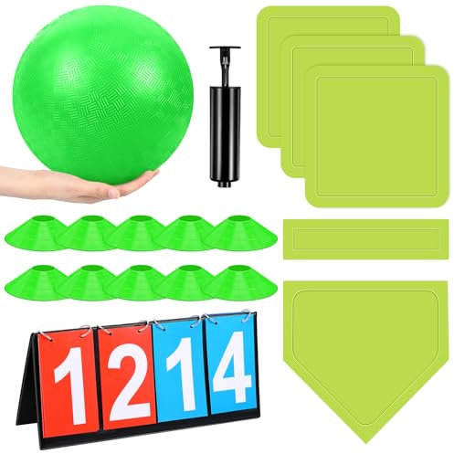 Jenaai El juego de 18 piezas de kickball deportivo incluye pelota de parque infantil, 5 bases de goma, bomba de bola, marcador de bola, bolsa de red, 10 conos de línea sucia para niños y adultos,