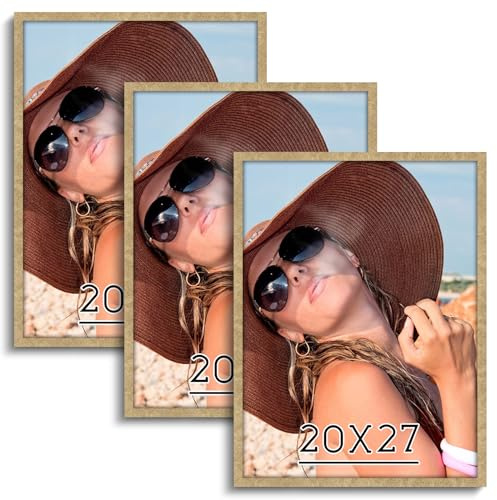 HLiWEGNS Gold 20x27 Frame Set of 3 - Vintage 20 x 27 Poster Frame with Plexiglass for Wall Gallery Display, 20x27 Picture Frame for Puzzles, Artwork, Photos and Posters - Ideal Christmas Day