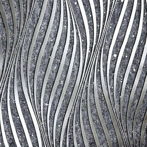 Cathpetic 3D Wave Stripes Glitter Wallpaper Black Silver 9.5×0.53m,Embossed Roll for Living Room Bedroom Kitchen Front Room,Non Woven Fabric Wallpaper Luxury Modern Abstract