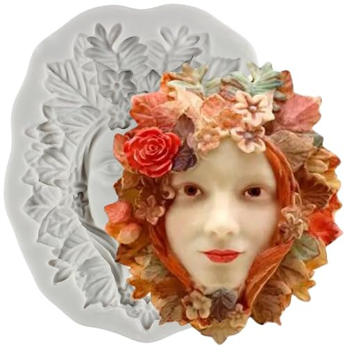 MINFEIDMS Green Woman Silicone Moulds Fairy Garden Character Fondant Mould Green Woman Face with Flowers Leaves Chocolate Mould for Sugar Cake Decorating Cupcake Topper Gum Paste Candy Polymer