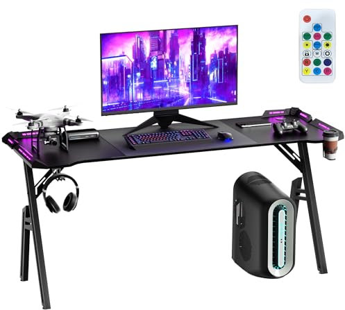 AufuN Gaming Schreibtisch mit LED Computertisch Gamingtisch 160 x 60cm, Stabiler PC Schreibtisch mit Kohlefaserbeschichtung, Ergonomischer Gaming Tisch mit Kopfhörerhaken und Getränkehalter, Schwarz