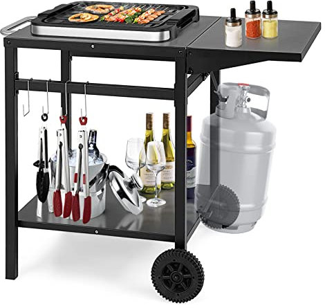 GYMAX Carrello da Cucina a 2 Piani con 2 Ruote, Carrello Multifunzionale con Piano Pieghevole, 4 Ganci Metallici, Maniglia Laterale, Servizio per Barbecue Esterno
