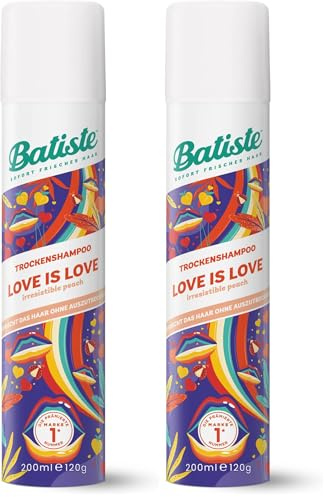 Batiste Trockenshampoo Love is Love 200 ml, mit Duft, süß-fruchtiger Blumenduft, zum Auffrischen der Haare zwischen den Haarwäschen, ohne Ausspülen (Packung mit 2)
