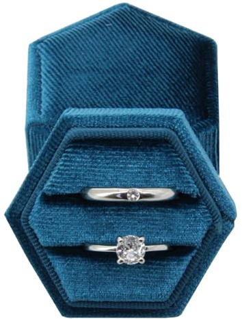 DOZNOZRI Velvet Ring Box Blue Hexagon Engagement Ring Box for Proposal Double Ring Boxes for Jewellery Gift with Padded Interior Ring Boxes for Wedding Engagement Ring Proposal Gift Box