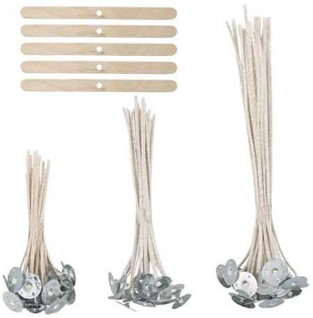 60 Pezzi Stoppino per Candele Naturali con Porta Stoppino in Legno,Stoppini Candele in 3 Diverse Misure(10,15,20 cm),Stoppino con supporto fisso in acciaio inox, per Fare