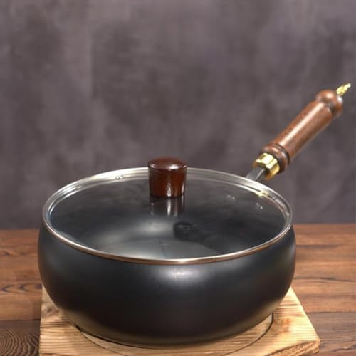 Generisch 2025 Unbeschichtete Eisenpfanne,Japanische handgeschmiedeter Antihaftpfanne,Anti-Verbrennungs-Kochpfanne mit langanhaltender Eisenverarbeitung, Gas/Induktionsherde（26cm Glasabdeckung）