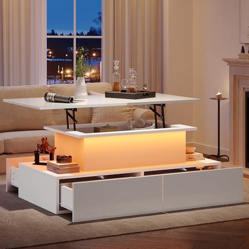 Gxffipw Lift Top Coffee Table 90x55x41-54 cm with 4 Drawer and LED, Lift Up Coffee Table with Storage, Wooden Tea Tables Living Room, Living Room Furniture, White