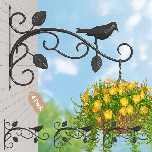 iDavosic.ly Hanging Basket Brackets Outdoor 4-Pack, 30cm Heavy Duty Iron Wall Mounted Hooks for Plants, Flowers, Bird Feeders, Lanterns, Wind Chimes, Indoor Metal Hanger for Garden Porch Patio, Black