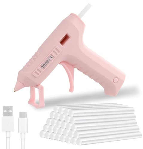 Heißklebepistole, Kabellose Heißklebepistole mit 20s Schnellvorheizen, Smart Power Off, heißklebepistole Akku Rosa mit 30 Klebestiften, Mini heißklebepistolen für DIY Projekte Handwerk und Reparaturen