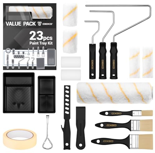 DEKO Kit Professionnel Rouleau Peinture 23 Pièces avec Pinceaux Peinture Mur, Bac et Manche – pour Peinture Murale Interieur, Plafond, Enduit et Rénovation (Murs, Bois, Crépi)