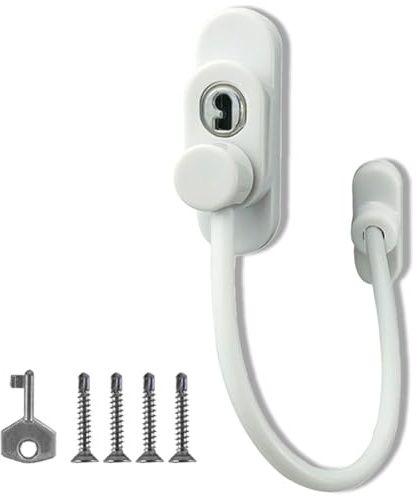Key Locking Window Restrictor for UPVC Windows - Child & Pet Safety Lock with Screw Fixed Installation - White/Black (White)