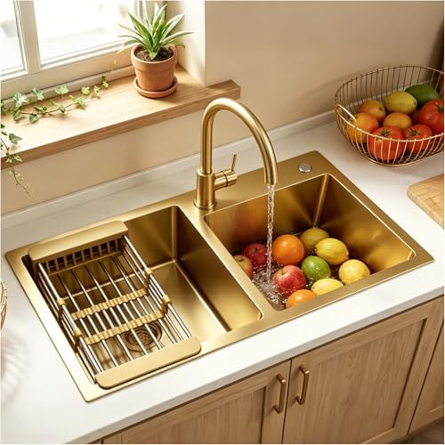 OMGMTSTORE Kitchen Sink, 2 Basins, 75 x 40 cm, Gold Stainless Steel Kitchen Sink with 2 Tap Holes, Large Kitchen Sink, Sink in the Kitchen, Built-in Sink Including Drip Basket, Soap Dispenser, Siphon