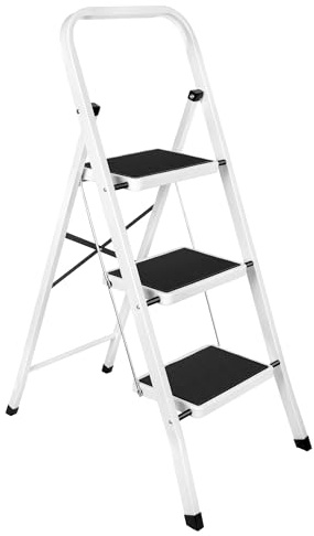Futura Slimline 3 Step Ladder, Folding Step Stool, 150kg Capacity, White | Wide 30 x 20cm non-slip steps, 150kg capacity and folding design. Open size 103 x 46.5 x 68cm; folded 113 x 46.5 x 4cm.