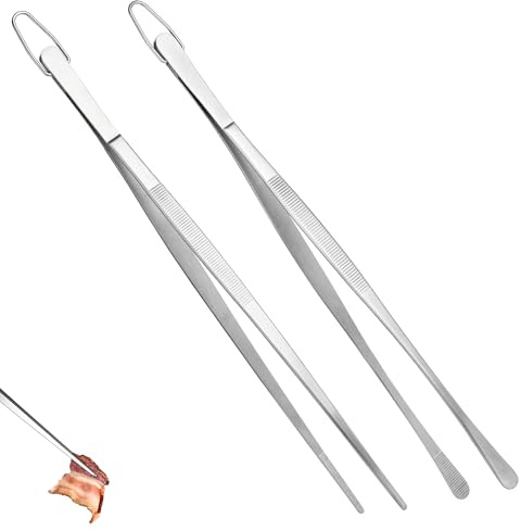 U-Taste 30cm Long Kitchen Tweezers Set: 18/8 Stainless Steel Food-Grade Cooking Tongs with Seamless-Welding and Upgraded Pinching Force for Serving Grilling Frying Decorating (Round & Pointed Tip)
