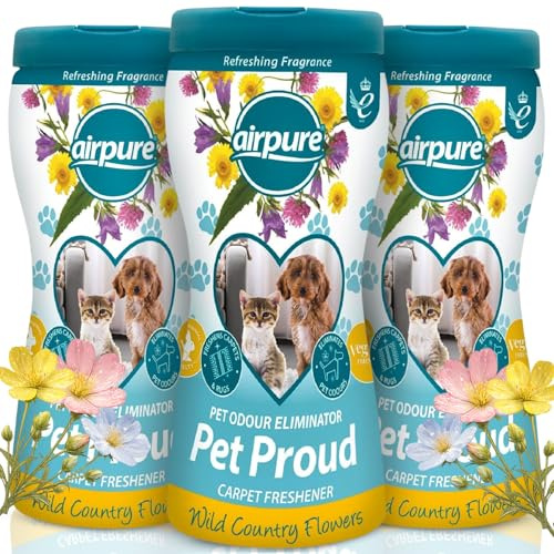Carpet Freshener Powder 3 x 500g for Pets – Wild Country Flowers Scent – Odour Eliminator & Deodoriser – Safe for Homes with Dogs & Cats
