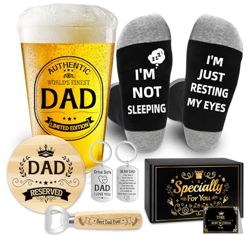 Epaing Fathers Day Dad Gifts Beer Glass Set, 500ml Pint Glass Dad Gifts from Daughter Son, Personalised Beer Glass and Socks Presents for Dad's Birthday, with Keyring, Bottle Opener, Coaster and Card