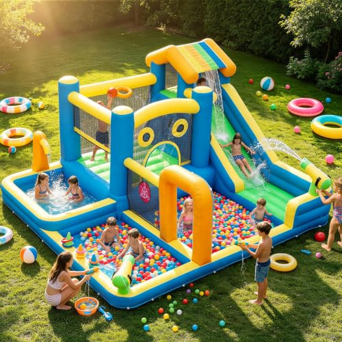 Large Inflatable Water Park with Slide and Splash Pool for Kids, AONESY Inflatable Bouncy Castle Water Sprayers, Climbing, Jumping, Soccer Area, 480W Blower for Indoor Outdoor Backyard