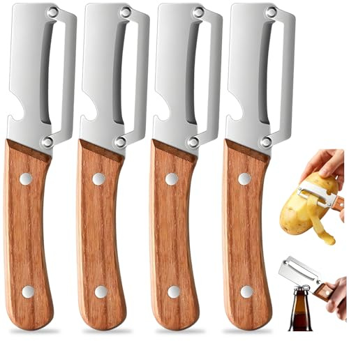 KINGSH 4PCS Multifunctional Vegetable Peeler for Kitchen, 2 in 1 Ergonomic Potato Peeler with Bottle Opener, Stainless Steel Blade with Wooden Handle, Easy Kitchen Peelers for Fruit, Orange, Apple
