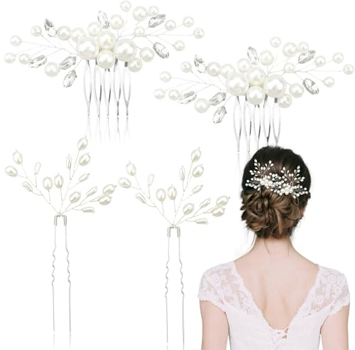 4PCS Pearl Bridal Hair Accessories,White Wedding Hair Comb,Crystal Pearl Hair Pins Accessories,Elegant Bridal Wedding Hair Clips for Women and Girls