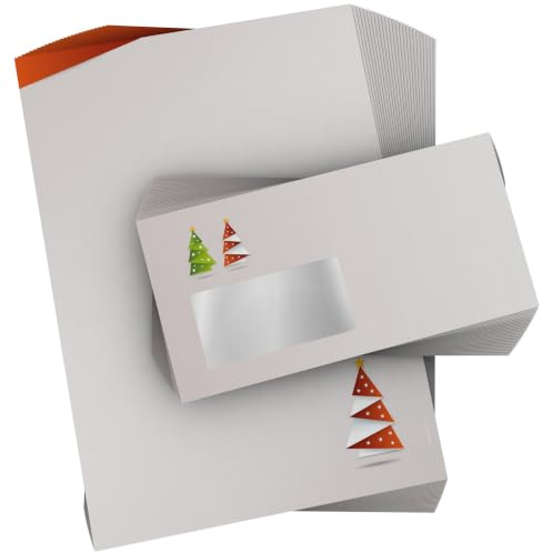 Weihnachtsbriefpapier Set | Weihnachtsorigami ROT | 50 Blatt weihnachtliches Motivpapier A4 | 50 Briefumschläge MIT Sichtfenster links im DIN LANG-Format