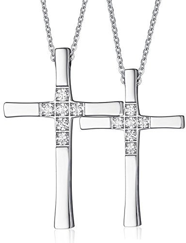 Hanessa Schmuck für Herren und Damen silberne Partner-ketten mit Kreuz-Anhänger in Silber Edelstahl Strass-steine Geschenk zu Weihnachten für Ehe-Mann / Ehe-Frau / Freund / Freundin