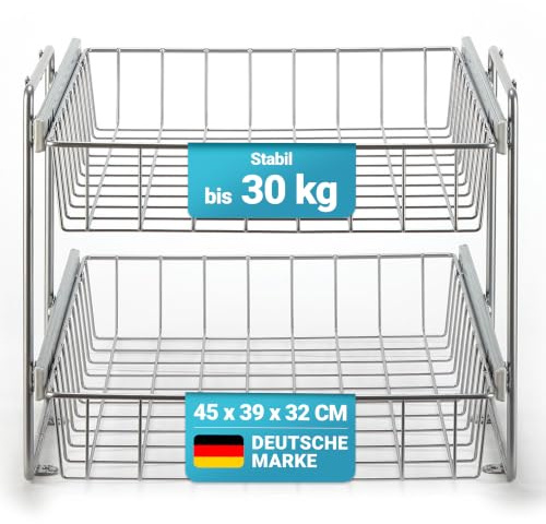 Teleskopschublade - Schrankauszug 2 Etagen - 45 cm - Küche - Schublade | Küchenschrank organizer ausziehbar - Metallkörbe bis 15 kg - Ordnungssystem - Auszug Küchenschrank - Designed in Germany