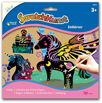 Mammut Spiel & Geschenk 158010 - Kratzbilder ScratchKunst, Motive Einhörner, Komplettset mit 4 Kratzvorlagen, Aufkleber, Kratzstäbchen und Anleitung, Scraper, Kratzset für Kinder ab 3 Jahre