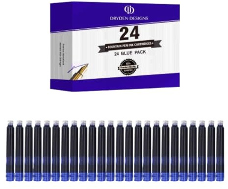 Dryden Designs Fountain Pen Ink Cartridges - Set of 24 Blue Ink CARTRIDGES - Short International Standard Size - Disposable and Generic Ink Refill Cartridges - Perfect for Calligraphy.