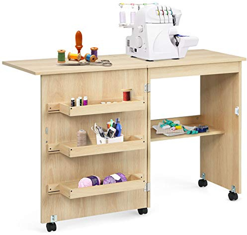 COSTWAY Armoire pour Machine à Coudre Pliante, Table de Couture avec 3 Etagères pour Bobines et roulettes verrouillables en Bois (Beige)