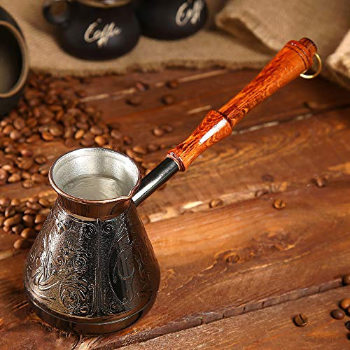 AEVVV Cafetière turka en cuivre de 414 ml – Cafetière turque Cezve en cuivre au design vintage gravé ornement – Mini casserole avec bec verseur et poignée en bois