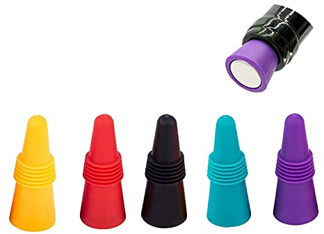 Tapones Reutilizables para Botellas de Vino - Paquete de 5 Multicolores Con Rosca - Conservan Cerveza y Champán para Mantener el Vino Fresco