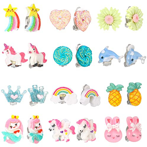 12 Paar Klipp Ohrringe Kinder Mädchen, Ohrclips Clip On Ohrringe Prinzessinnen Spiel Ohrklipser für Mädchen Kinder