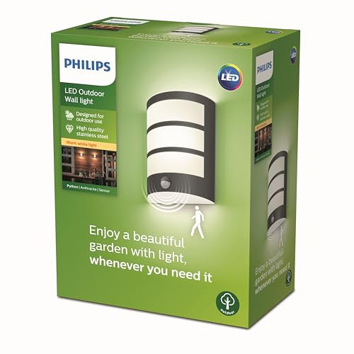 Philips LED Python Outdoor 6W Wall Light with Motion Sensor [Warm White - Anthracite Grey] Water Resistant IP44, For Garden, Patio and Terrace Lighting.
