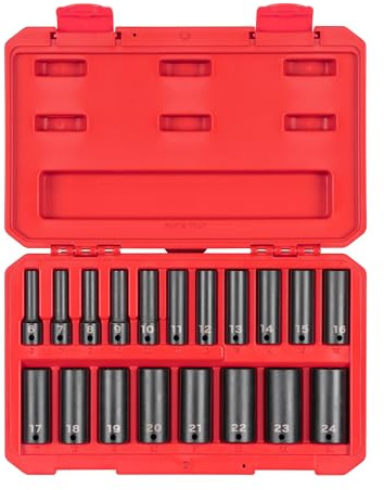 TEKTON 3/8 Zoll Antrieb Tief 12-kant Schlag-Steckschlüsselsatz mit Koffer, 19-teilig (6-24 mm) | SID91307