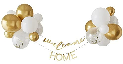 Girlanden-Set Ballon-Girlande WELCOME HOME / WILLKOMMEN ZU HAUSE Banner Willkommens-Party Familien-Party Zuhause Baby-Deko Set Girlande in gold & weiß + 26 Luft-Ballons