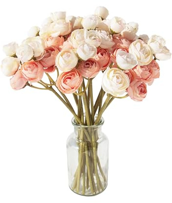 Hananona 18 Pcs Artificial Silk Rose Flowers Ranunculus Bouquet Fake Pink Peony for Home Decorations,Weddings (Pink, 2)
