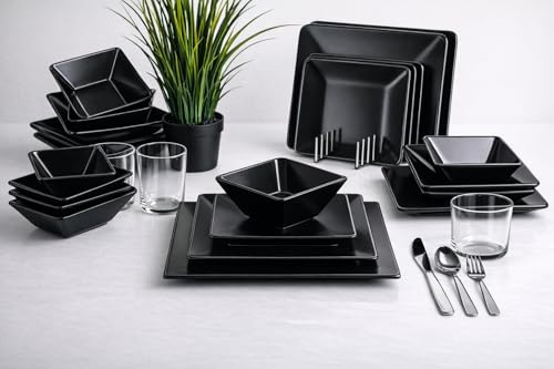 Keramika Siera Matt Schwarz Tafelservice Set 24Teilig 6 Personen Suppenteller-Flache Essteller-Dessertteller-Tafelservice -Kombiservice Porzellan schwarze teller steingut geschirr