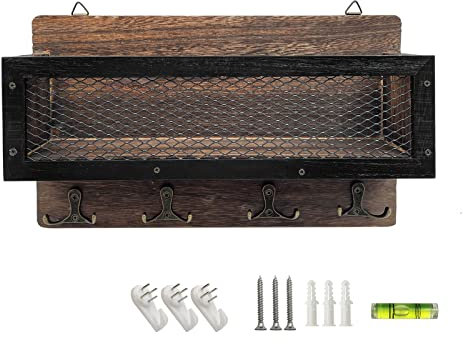 LYFJXX Post-und Schlüsselhalter für Wand dekorativ,Holz Wand Schlüssel Rack Organizer mit 4 Doppel Schlüssel Haken,Wand Mount Schlüssel Aufhänger für Eingang,Lagerung,Wohnzimmer,Flur,Küche (Brown)