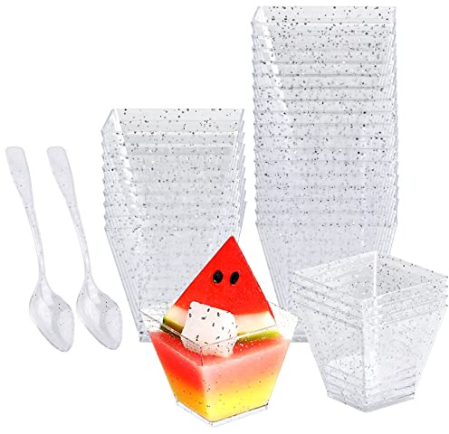 Kioiner 30 Stück Desserttassen mit 30 Stück Löffeln, 60ML / 2 OZ Dessertbecher Plastik, Mini Desert Gläser Set Plastik, Wiederverwendbarer Dessertbecher für Pudding Mousse Eiscreme Party