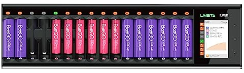 LIMETA 16-Slot Intelligent Battery Charger AA AAA Universal USB Type-C Battery Charger LCD Display Rechargeable Fast Charger Batteries Li-lon LiHv NI-MH NI-Cd Black