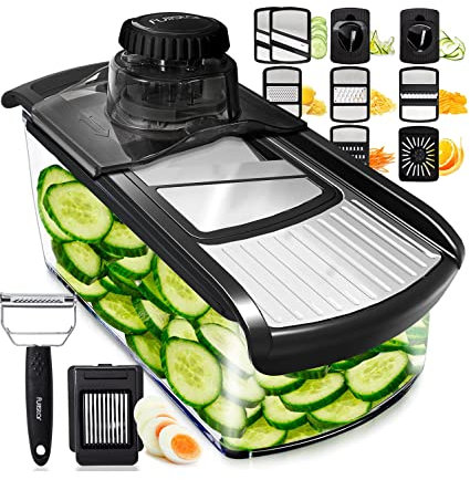 Fullstar Cortador de mandolina para cocina, cortador de frutas, rallador de queso, cortador de pepino, espiralizador de verduras, cortador de alimentos y utensilios de cocina con guante de seguridad
