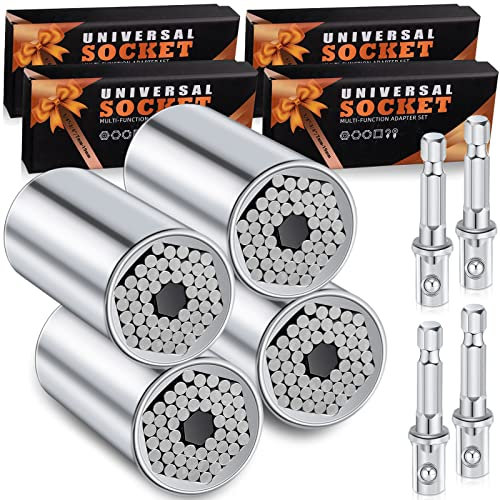 4 Pcs Universal Socket Tools 7-19mm Socket Set Father's Day Gifts Gadgets for Men Cool Gifts for Dad Wrench Tool Adjustable Stocking Stuffers Drill Adapter for Him Electrician Mechanic (Silver)