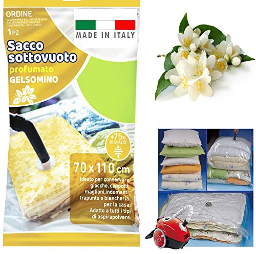 1 Sacco Sottovuoto Vestiti Grande 110x70cm - Profumato al Gelsomino - Sacchi Sottovuoto Piumoni Coperte - Sacchetti Sottovuoto Vestiti Salvaspazio Buste per Indumenti (1 BUSTA)