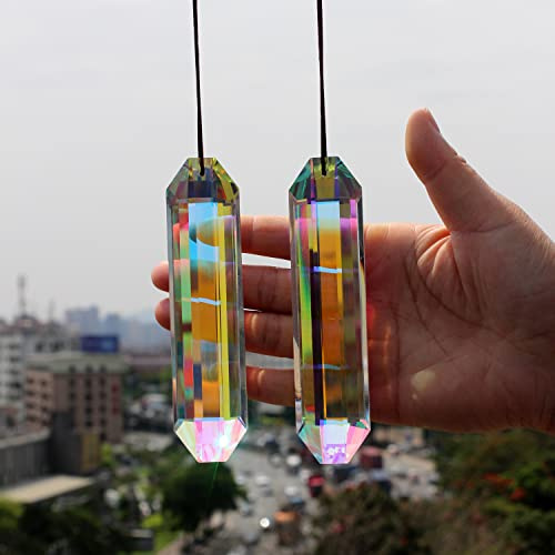 2PCS 5 Large Crystal Sun Catcher Prisms, STINO Hanging Suncatchers with Glass Prism, Rainbow Maker for Windows, Room, Garden Fantasy Aesthetic Home Decor (A# Color Stripe Sticks 2PCs) | AB Color, Transparent, K9 Glass, Rainbow Maker, with Hooks & Cord