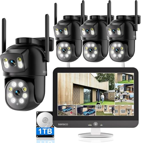 SANSCO 12 Monitor, 2K Dual Lens Wireless Home CCTV Camera System, 1TB HDD | 4 x 360° PTZ WiFi Security Camera, Auto Tracking, 4MP Color Night Vision, Human Detection, 2-Way Audio, Support Up to 16-Cam