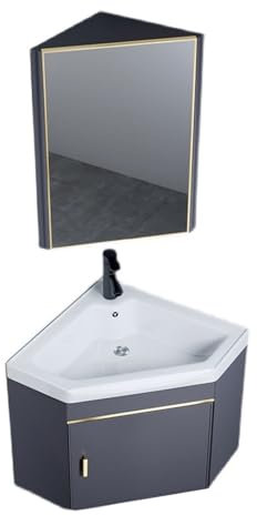 Pratico lavabo ad angolo in ceramica multifunzionale con montaggio a parete con mobile a specchio, pratico lavabo da parete indipendente con mobiletto per bagno, lavanderia, soggiorno, balcone, ecc. (