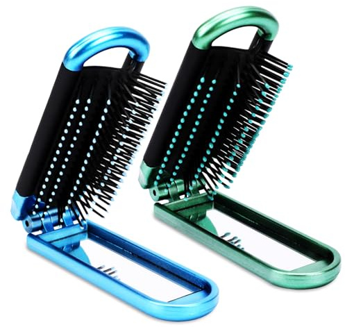 Mini Folding Compact Hair Brush with Mirror for Women and Girls, Massage and Pocket Comb for Travel, Gym, Purse, Swimming (Blue & Green)