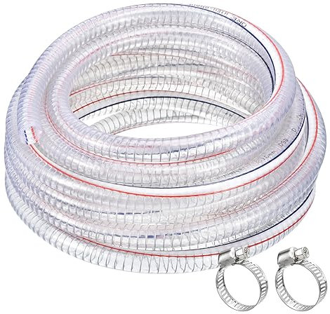 QUARKZMAN Saugschlauch 5/8 Zoll (15,88mm) Innendurchmesser 7.6 Meter PVC Druckschlauch mit 2 Edelstahl Schlauchschellen, Spiralschlauch Förderschlauch Verstärkt mit Stahldraht Dickes Rohr